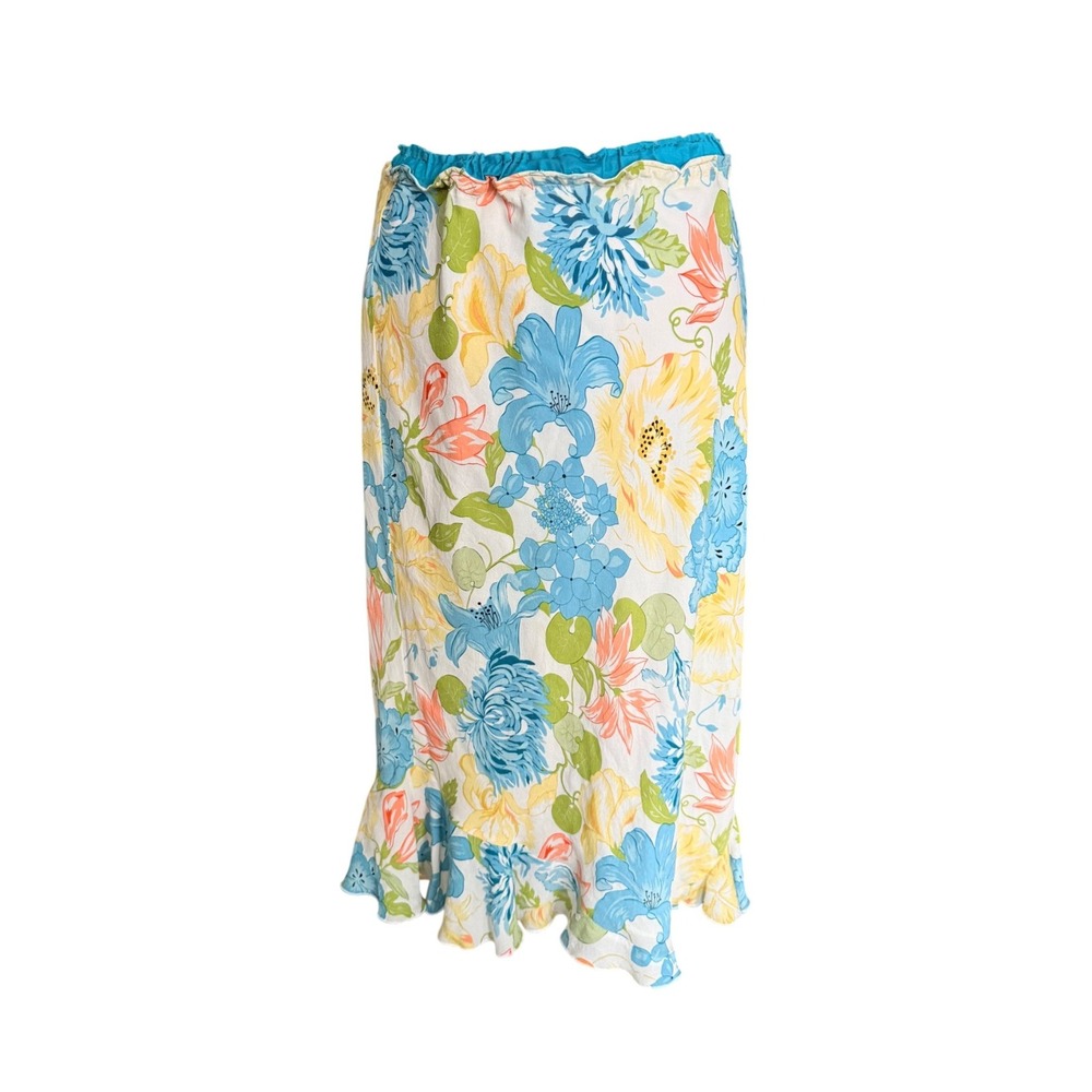 Kate Hill Silk Floral Midi Skirt Blue Yellow Tropical Ruffle Hem Size 14